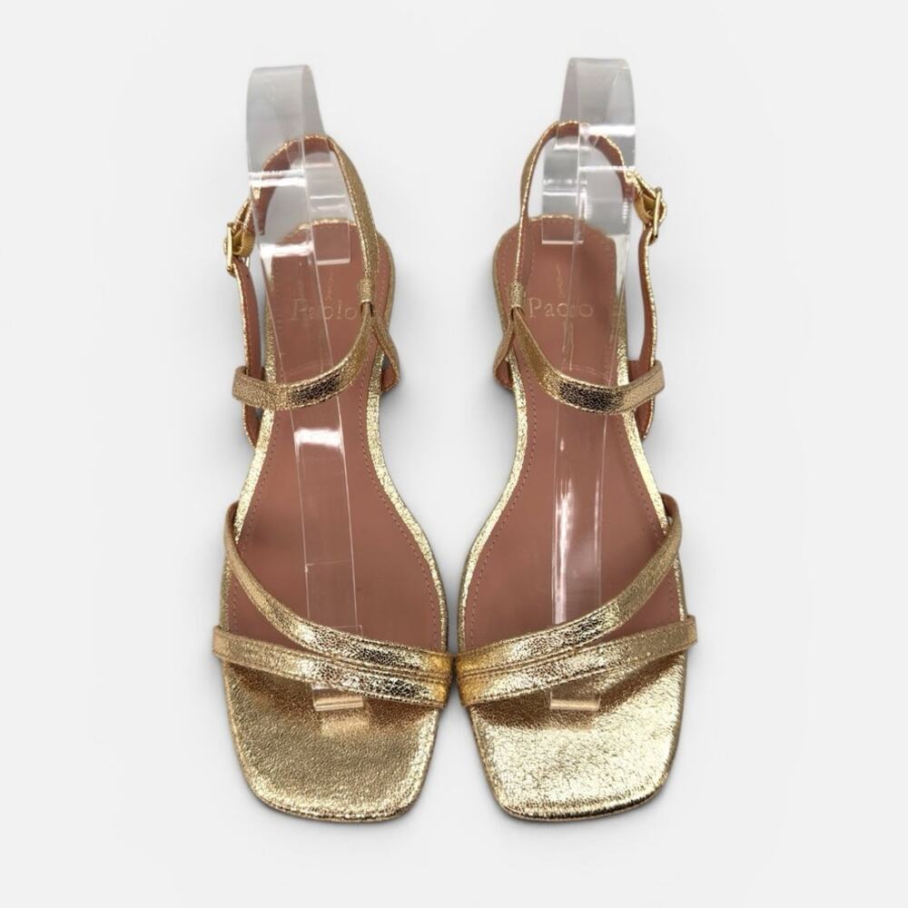 Linea Paolo Cannes-L Strappy Kitten Heel Sandal Gold Crinkle Metallic Leather 7M - Picture 3 of 15